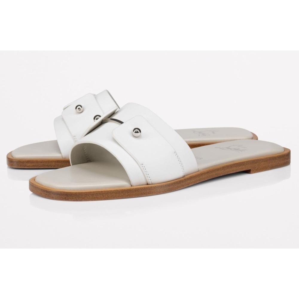 Christian Louboutin Chambelimule Donna Flat White Calf Leather Slide Sandal 38.5